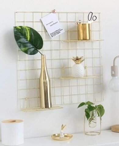 TOUCH HEART DIY Steel Grid Photo Frame for Wall (40*40cm) Clip Holder Photo Frame, Multi Functional Creative Mesh Wall Grid (gold)