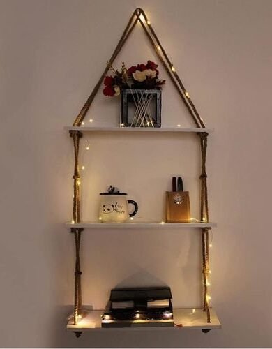 Wooden Set of 3 Tier Wall Hanging Shelf with LED & Jute Rope for Home Decor by TOUCH HEART