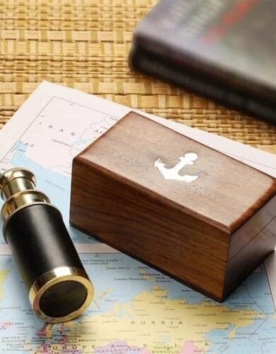 Black and gold- toned leather Mini Telescope along with Wooden Box From TOUCH HEART