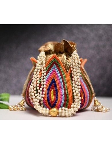 Multi-Coloured & Gold-Toned Lotus Potli Clutch